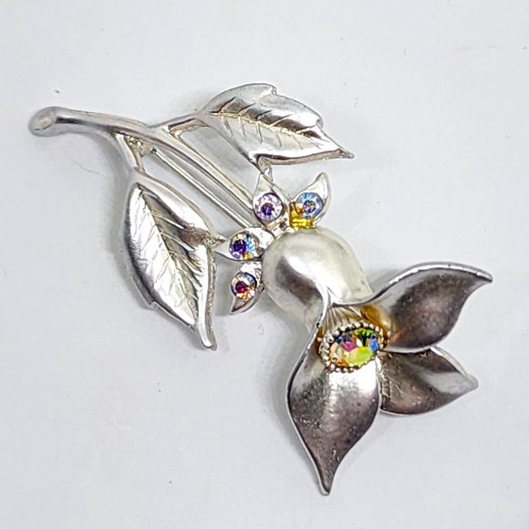 Vintage Silver Flower Pin with Aurora Borealis Rhinestones Pin Brooch - Picture 7 of 8